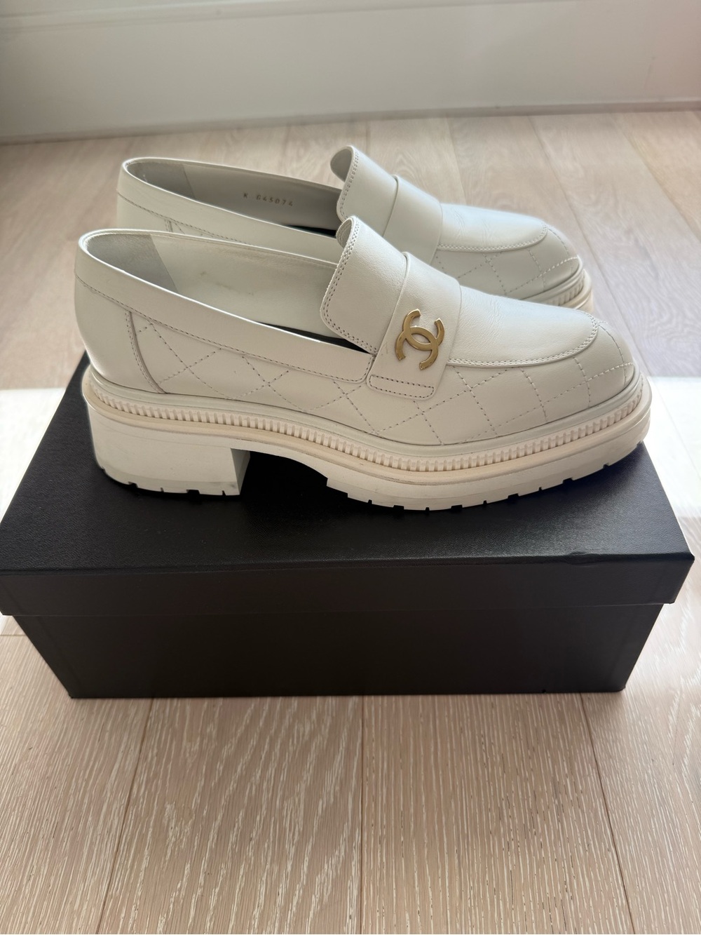 CHANEL Cream Quilted Leather Platform Loafers with Gold CC Hardware